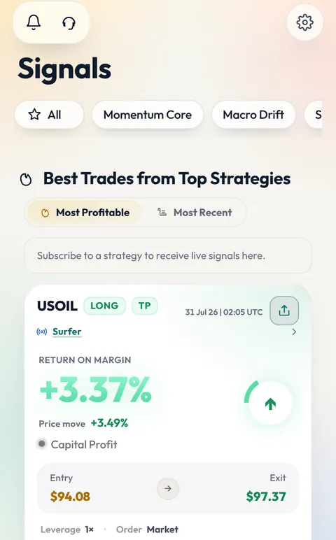 The Signal feed in the app: the best trades from top Strategies, each with its symbol, side, price move, entry and exit.