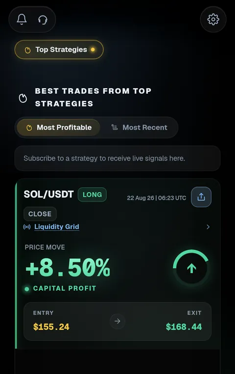 The Signal feed in the app: the best trades from top Strategies, each with its symbol, side, price move, entry and exit.