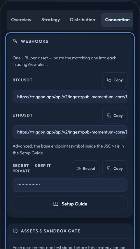 The Provider Hub's Connection tab: one webhook URL per market with a Copy button, the masked secret with a Reveal button, and the Setup Guide.