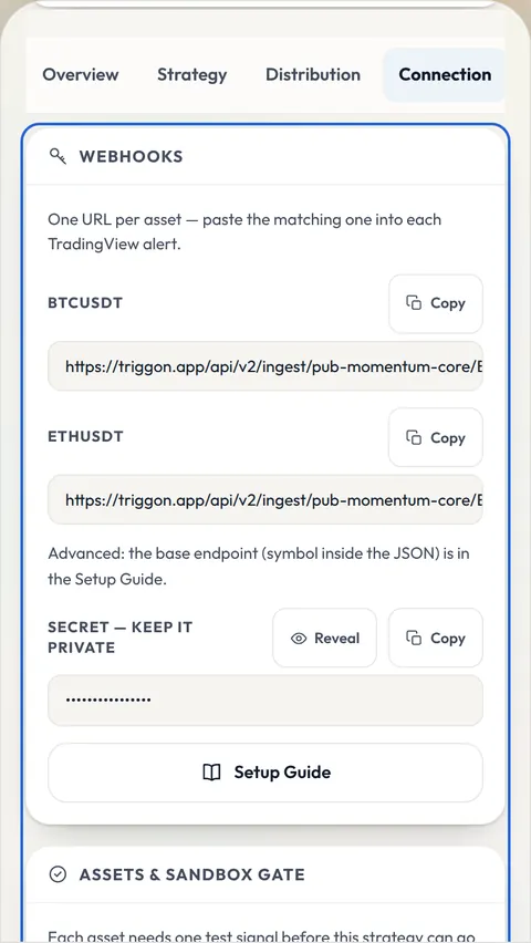 The Provider Hub's Connection tab: one webhook URL per market with a Copy button, the masked secret with a Reveal button, and the Setup Guide.