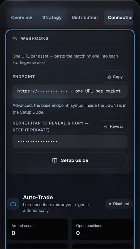 The Provider Hub's Connection tab: one webhook URL per market with a Copy button, the masked secret with a Reveal button, and the Setup Guide.