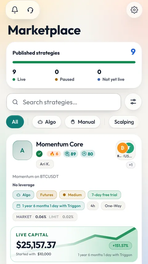 The Marketplace in the Triggon app: verified Strategies, each with its live-capital curve, total PnL, win rate, drawdown, trades and the seats left.