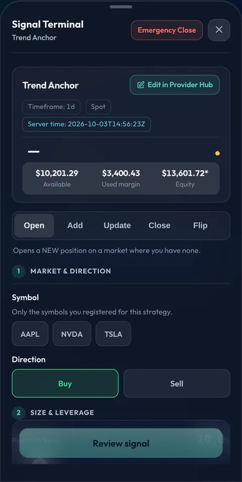 The Signal Terminal in the app, opened on a manual Strategy: the market and the simulated capital in the header, the Open, Add, Update, Close and Flip actions, then the numbered steps: market and direction, size and leverage, stop and targets.
