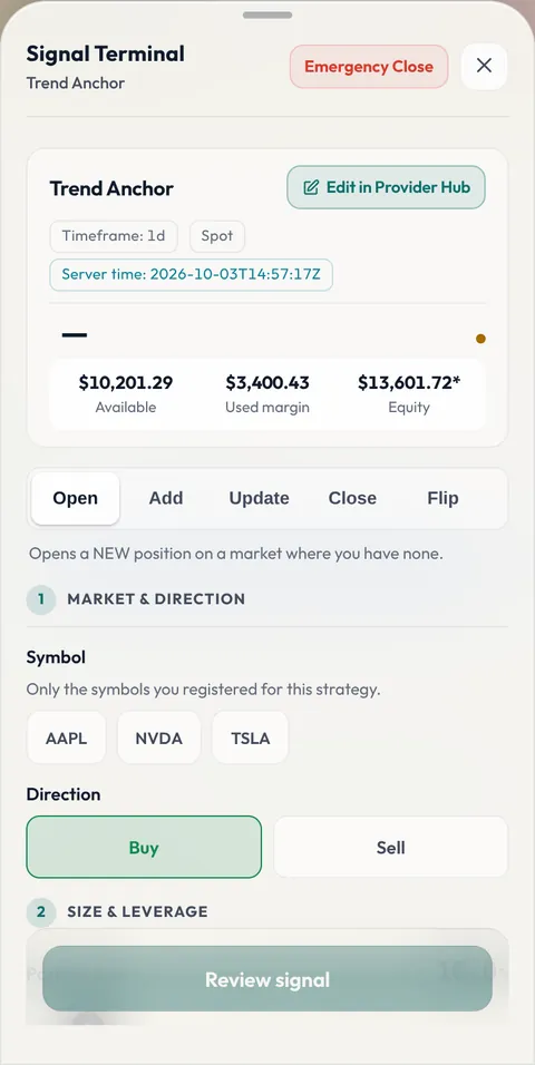 The Signal Terminal in the app, opened on a manual Strategy: the market and the simulated capital in the header, the Open, Add, Update, Close and Flip actions, then the numbered steps: market and direction, size and leverage, stop and targets.