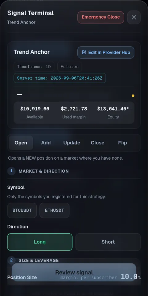 The Signal Terminal in the app, opened on a manual Strategy: the market and the simulated capital in the header, the Open, Add, Update, Close and Flip actions, then the numbered steps: market and direction, size and leverage, stop and targets.